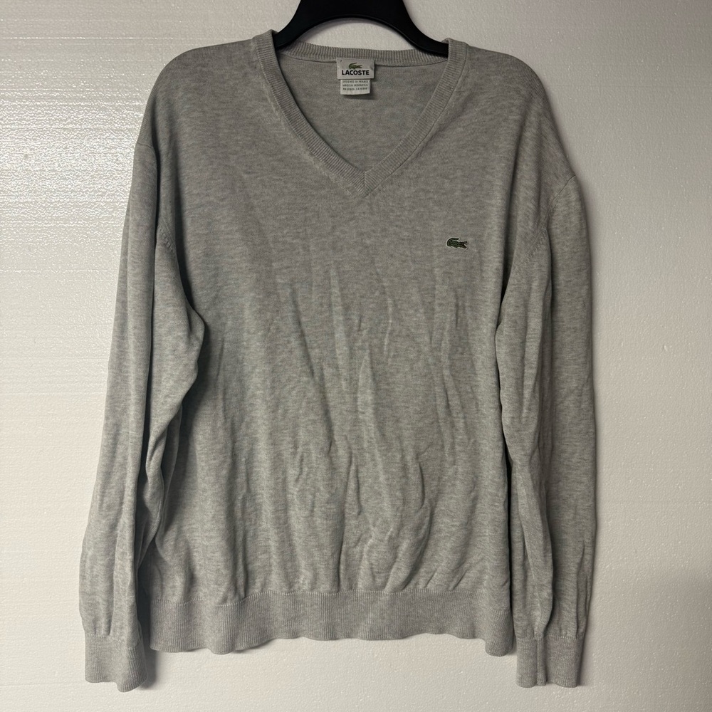 Lacoste Sweater Men Size Large (7) Gray V Neck Long Sleeve Logo Classic Pullover